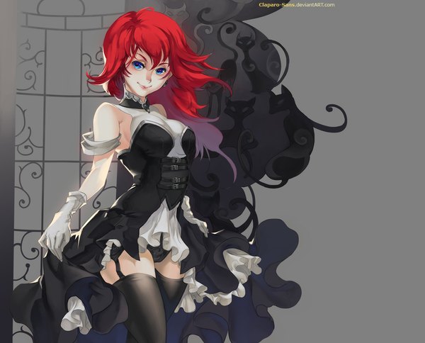 Anime picture 1115x900 with original claparo-sans single long hair looking at viewer blue eyes light erotic bare shoulders signed red hair grey background girl thighhighs dress gloves underwear panties black thighhighs earrings cat