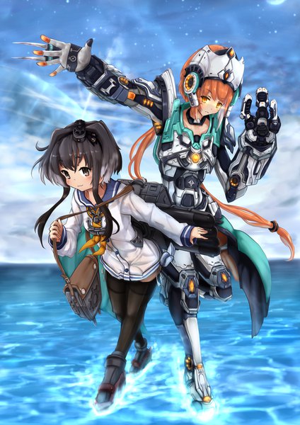 Anime picture 1654x2339 with kantai collection starcraft blizzard entertainment tokitsukaze destroyer talandar wakaura asaho long hair tall image looking at viewer fringe black hair standing twintails multiple girls sky full body black eyes orange hair orange eyes leaning