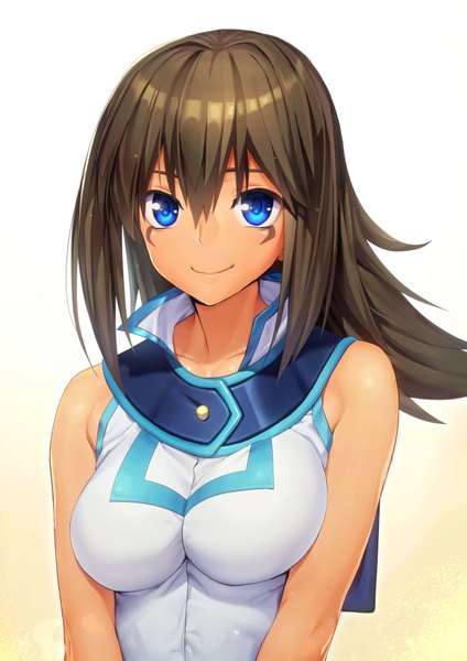 Anime picture 1389x1964 with yu-gi-oh! mana (yuu-gi-ou) ts422 single long hair tall image looking at viewer blue eyes light erotic brown hair bare shoulders facial mark girl