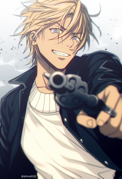 Anime-Bild 670x980 mit detective conan amuro tooru mashima shima single tall image looking at viewer fringe short hair blue eyes simple background blonde hair smile hair between eyes holding signed upper body twitter username grin floating hair smoke