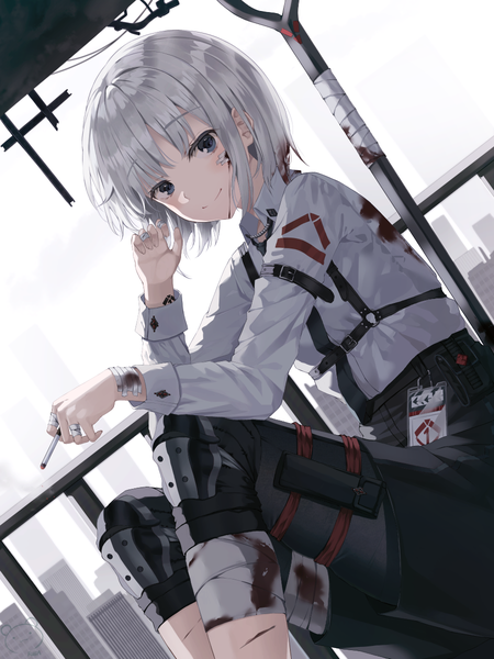 Anime picture 900x1200 with original ruda (ruda e) single tall image looking at viewer blush fringe short hair smile sitting holding signed payot silver hair bent knee (knees) outdoors long sleeves grey eyes dutch angle blood on face