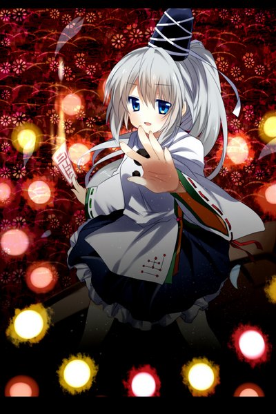 Anime picture 600x900 with touhou mononobe no futo fujishiro emyu single long hair tall image looking at viewer blush fringe blue eyes hair between eyes silver hair ponytail traditional clothes parted lips japanese clothes from above outstretched arm letterboxed girl