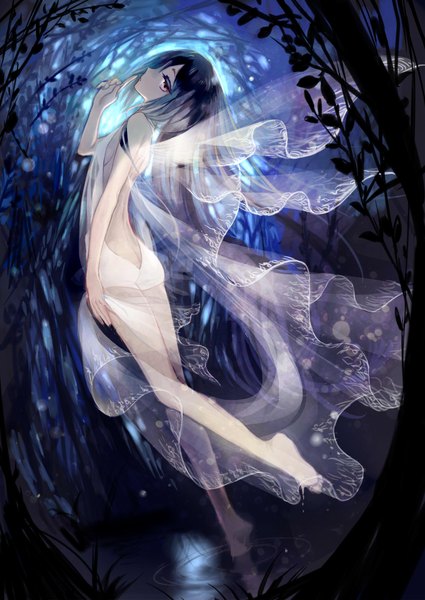 Anime picture 1500x2118 with original isaki uta single tall image looking at viewer black hair brown eyes very long hair barefoot turning head fantasy transparent fairy girl dress plant (plants) wings water transparent clothing