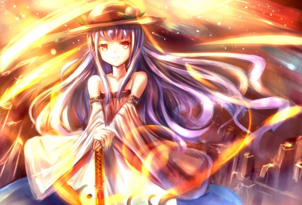Anime picture 2058x1397 with touhou hinanawi tenshi sakura ani single long hair highres red eyes purple hair girl weapon hat detached sleeves building (buildings)