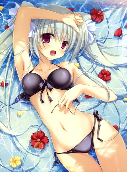 Anime picture 3647x4930 with original fujisaki rei single long hair tall image blush highres open mouth light erotic red eyes twintails absurdres silver hair :d fang (fangs) girl navel flower (flowers) swimsuit bikini