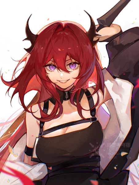 Anime picture 1341x1780 with arknights surtr (arknights) etiv single long hair tall image looking at viewer fringe breasts simple background smile hair between eyes white background purple eyes bare shoulders cleavage upper body red hair arm up horn (horns)