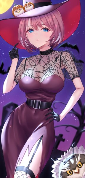 Anime picture 2358x4926 with virtual youtuber hololive takane lui ganmo (takane lui) mary is mine single tall image fringe highres short hair blue eyes light erotic hair between eyes pink hair hand on hip side slit halloween girl thighhighs dress