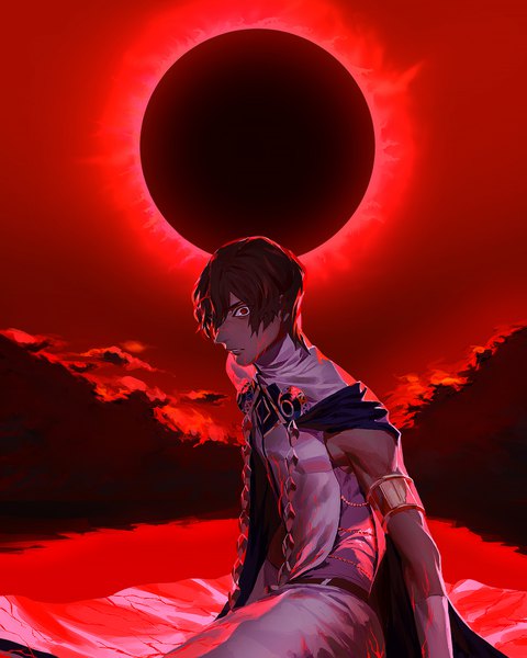 Anime picture 1644x2053 with fate (series) fate/grand order arjuna (fate) daeraeband single tall image looking at viewer fringe short hair black hair hair between eyes red eyes dark skin eclipse darkness boy bracelet cape