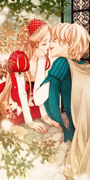 Anime-Bild 700x1400 mit romeo and juliet juliet capulet romeo montague sizh long hair tall image short hair blonde hair eyes closed traditional clothes parted lips puffy sleeves couple face to face almost kiss hand on another's face girl dress boy plant (plants)
