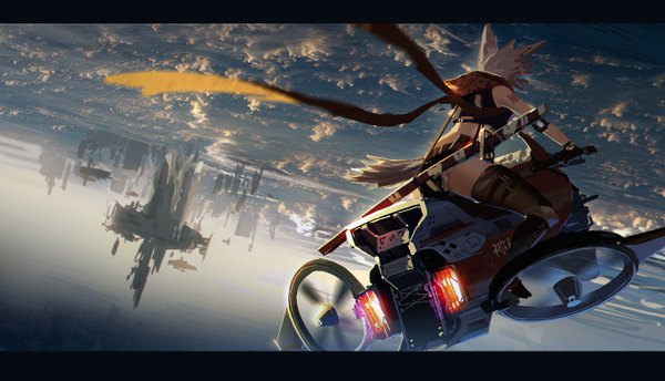 Anime-Bild 5408x3108 mit original doitsu no kagaku single highres short hair wide image animal ears absurdres sky cloud (clouds) white hair from behind tattoo letterboxed flying sheathed science fiction girl thighhighs weapon