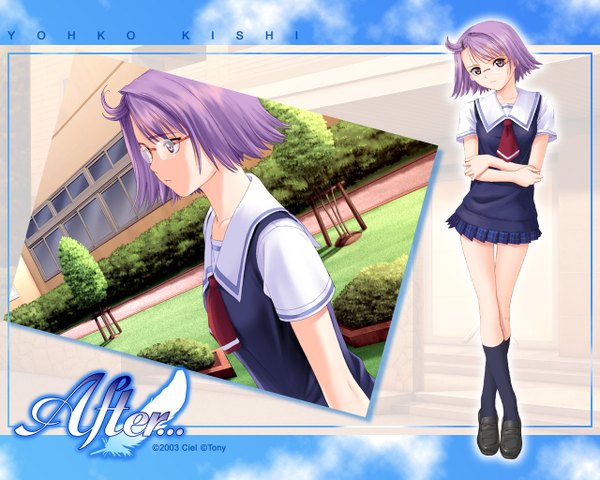 Anime picture 1280x1024 with after kishi youko tony taka yellow eyes purple hair crossed arms girl skirt miniskirt socks glasses necktie black socks