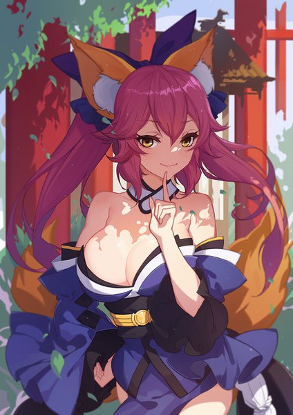 Anime picture 900x1273 with fate (series) fate/extra tamamo (fate) (all) tamamo no mae (fate) youxuemingdie single long hair tall image looking at viewer fringe breasts light erotic smile hair between eyes large breasts standing twintails bare shoulders animal ears yellow eyes