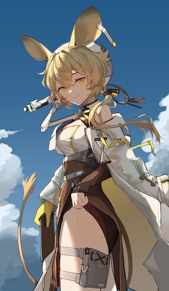 Anime picture 2060x3537 with arknights dorothy (arknights) yimian single tall image looking at viewer fringe highres short hair light erotic blonde hair hair between eyes holding animal ears yellow eyes sky cloud (clouds) outdoors tail animal tail