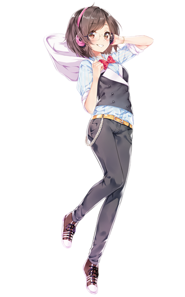 Anime picture 1024x1642 with original dmarichanb single tall image looking at viewer blush fringe short hair open mouth smile standing brown eyes looking away full body bent knee (knees) arm up happy standing on one leg transparent background clenched teeth