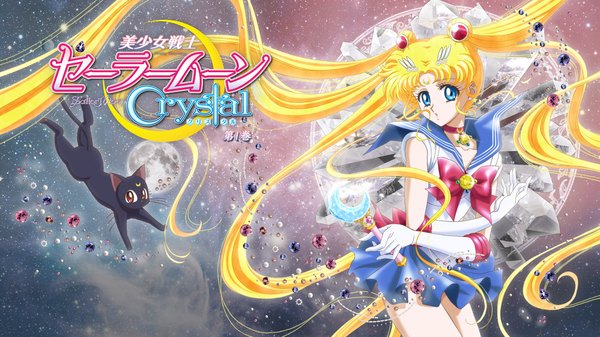 Anime picture 1920x1080 with bishoujo senshi sailor moon toei animation tsukino usagi sailor moon single looking at viewer highres blue eyes blonde hair wide image twintails very long hair hair bun (hair buns) crossed arms jumping space girl skirt bow miniskirt