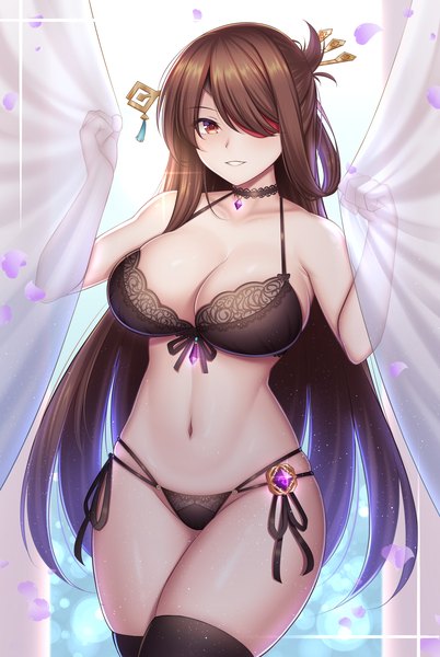 Anime picture 2352x3508 with genshin impact beidou (genshin impact) guardian-panda single long hair tall image looking at viewer blush fringe highres breasts light erotic simple background smile red eyes brown hair large breasts standing cleavage parted lips