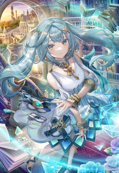 Anime-Bild 5608x8127 mit genshin impact faruzan (genshin impact) torino aqua single long hair tall image looking at viewer fringe highres standing twintails bare shoulders green eyes payot blue hair absurdres from above girl dress hair ornament
