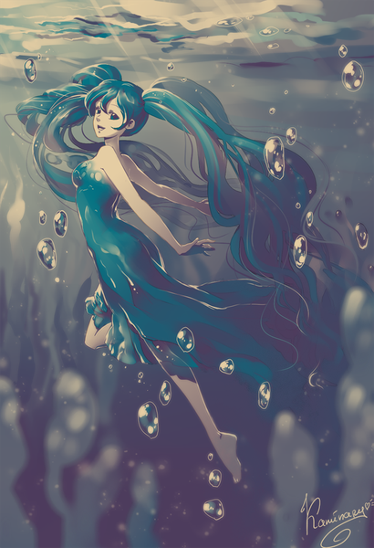 Anime picture 684x1000 with vocaloid shinkai shoujo (vocaloid) hatsune miku kaminary single tall image looking at viewer fringe breasts open mouth twintails bare shoulders signed bent knee (knees) very long hair barefoot aqua eyes aqua hair bare legs wavy hair