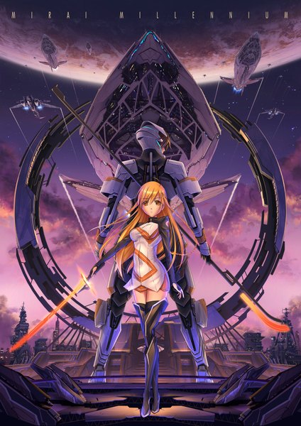 Anime picture 1280x1810 with mirai millenium suenaga mirai pinakes long hair tall image brown eyes sky cloud (clouds) braid (braids) orange hair inscription twin braids back side braid girl dress boy hair ornament weapon sword