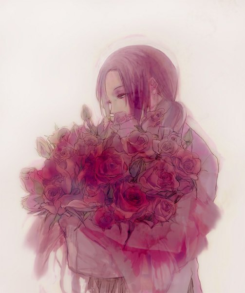 Anime picture 839x1000 with axis powers hetalia studio deen china (hetalia) pocket (artist) single long hair tall image simple background brown hair ponytail black eyes pink background boy flower (flowers) rose (roses) bouquet
