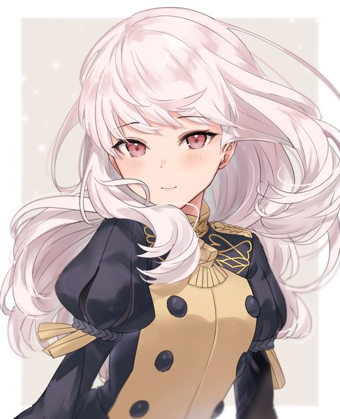 Anime picture 1120x1381 with fire emblem fire emblem: three houses nintendo lysithea von ordelia haru (nakajou-28) single long hair tall image looking at viewer blush fringe simple background upper body white hair blunt bangs pink eyes light smile grey background puffy sleeves border