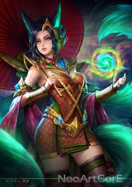 Anime picture 1000x1415 with realm of valor liliana nudtawut thongmai single tall image short hair breasts black hair standing holding green eyes signed animal ears payot tail parted lips animal tail realistic fox ears magic