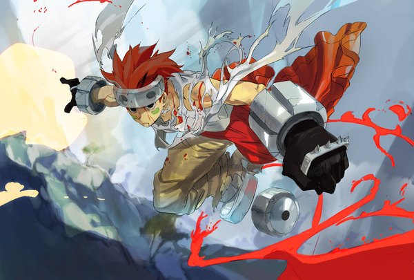 Anime picture 1000x675 with houshin engi nataku kaisen single short hair looking away full body red hair from above black eyes torn clothes facial mark spread arms jumping boy blood fist forehead protector