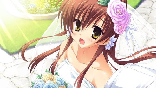 Anime picture 1366x768 with tenshinranman yamabuki aoi muririn kobuichi wide image dress wedding dress