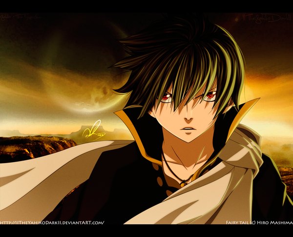 Anime picture 1280x1040 with fairy tail zeref iitheyahikodarkii single short hair black hair red eyes sky coloring evening portrait sunset letterboxed mountain boy pendant full moon