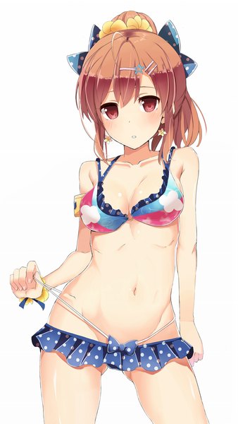 Anime picture 997x1770 with girlfriend (kari) sakurai akane (girlfriend) cure slum single long hair tall image looking at viewer blush fringe breasts light erotic simple background red eyes brown hair large breasts standing white background ahoge ponytail parted lips