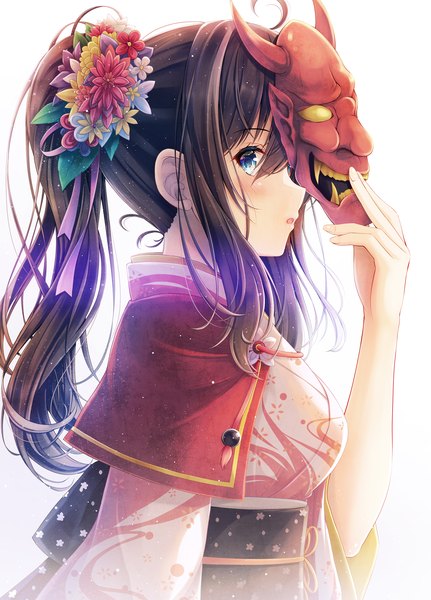 Anime picture 1700x2365 with original akashio (loli ace) single long hair tall image looking at viewer blush blue eyes black hair simple background white background payot upper body ahoge ponytail traditional clothes japanese clothes profile :o girl