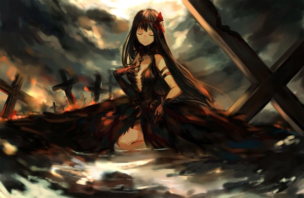 Anime picture 1781x1161 with mahou shoujo madoka magica shaft (studio) akemi homura akuma homura wttwj single long hair highres brown hair sitting cleavage cloud (clouds) eyes closed wind night night sky sleeveless hand on chest fog girl