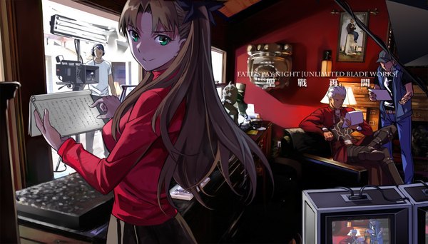 Anime picture 1606x917 with fate (series) fate/stay night type-moon toosaka rin archer (fate) sanzhuangwangcat long hair short hair blue eyes smile brown hair wide image sitting white hair girl boy bow hair bow