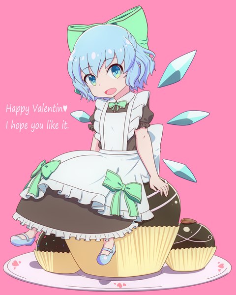 Anime picture 2000x2500 with touhou cirno shikabane homura single tall image looking at viewer highres short hair open mouth blue eyes simple background smile sitting blue hair short sleeves maid alternate costume text pink background english