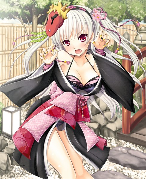 Anime picture 815x1000 with original alto seneka single long hair tall image looking at viewer blush open mouth light erotic red eyes white hair traditional clothes japanese clothes hair flower teeth fang (fangs) mask on head girl hair ornament flower (flowers)