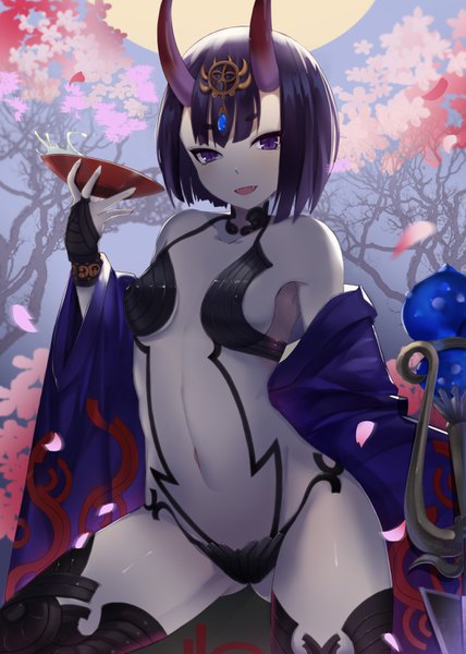 Anime picture 2100x2944 with fate (series) fate/grand order shuten douji (fate) magician (china) single tall image looking at viewer blush highres short hair breasts open mouth light erotic smile purple eyes holding purple hair horn (horns) ass visible through thighs oni horns