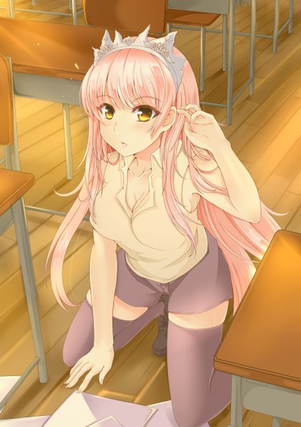 Anime picture 3507x4960 with fate (series) fate/grand order medb (fate) gu li single long hair tall image fringe highres yellow eyes pink hair absurdres indoors parted lips sunlight :o kneeling sunbeam girl thighhighs