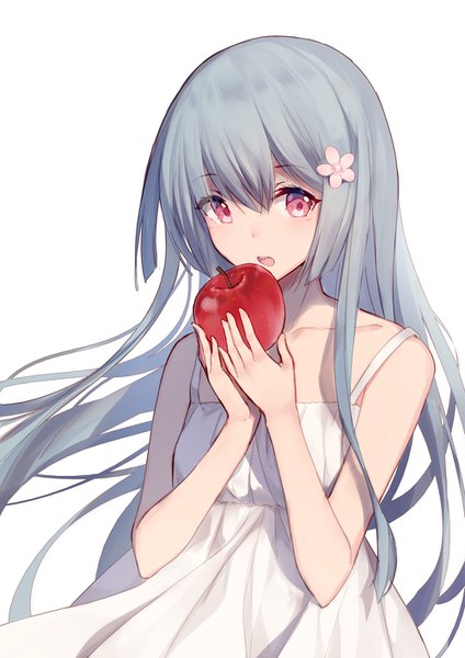 Anime picture 1000x1415 with original bison cangshu single long hair tall image looking at viewer blush fringe open mouth simple background hair between eyes standing white background holding payot pink eyes hair flower grey hair sleeveless floating hair