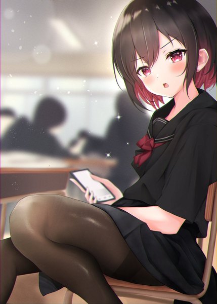 Anime picture 858x1200 with original kazanock tall image looking at viewer blush fringe short hair open mouth black hair hair between eyes red eyes holding red hair indoors multicolored hair two-tone hair :o short sleeves legs solo focus