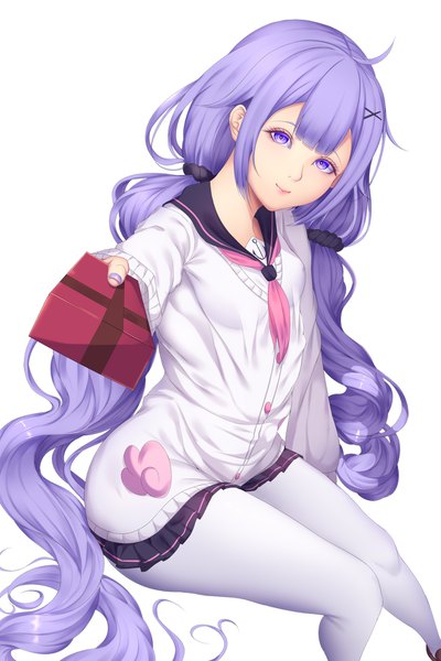 Anime picture 1170x1754 with azur lane unicorn (azur lane) unicorn (amusement park date) (azur lane) shiro usagi single tall image looking at viewer fringe simple background hair between eyes white background sitting twintails purple eyes holding payot purple hair ahoge bent knee (knees) blunt bangs
