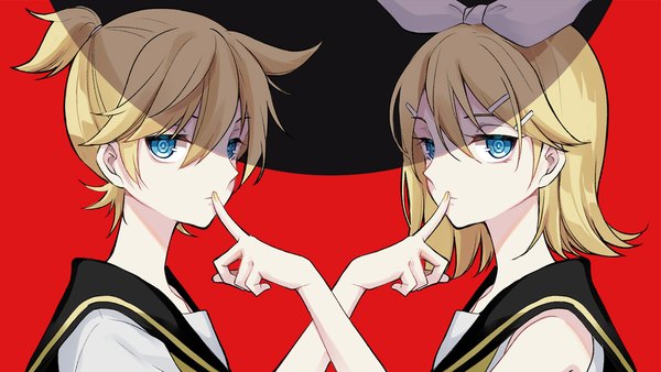 Anime picture 1200x676 with vocaloid identity (vocaloid) kagamine rin kagamine len hazuki natsu looking at viewer fringe short hair blue eyes simple background blonde hair hair between eyes wide image upper body ponytail finger to mouth crossed arms red background siblings expressionless