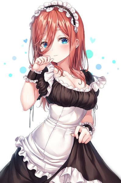 Anime picture 900x1360 with go-toubun no hanayome nakano miku r o ha single long hair tall image looking at viewer blush fringe breasts blue eyes simple background hair between eyes brown hair standing white background payot cleavage short sleeves maid