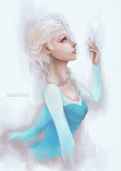 Anime picture 2480x3508 with frozen (disney) disney elsa (frozen) monori rogue single long hair tall image highres breasts blue eyes silver hair braid (braids) profile lips single braid looking up girl dress snowflake (snowflakes)