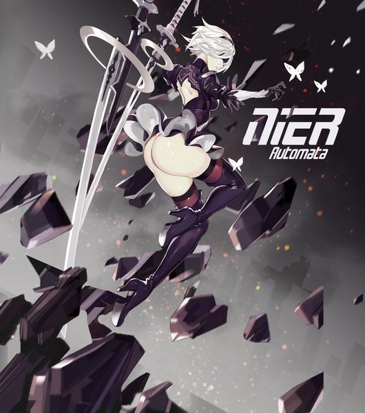 Anime picture 1000x1131 with nier nier:automata yorha no. 2 type b kiwamu single tall image short hair light erotic bent knee (knees) ass white hair puffy sleeves copyright name floating hair jumping blindfold fog girl thighhighs dress