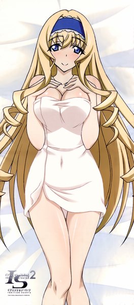 Anime picture 2328x5288 with infinite stratos 8bit cecilia orcott tagme (artist) single long hair tall image blush highres breasts blue eyes light erotic blonde hair smile large breasts scan drill hair naked towel girl hairband