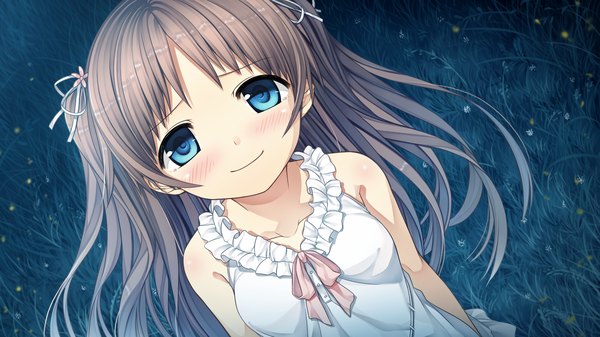Anime picture 2560x1440 with monobeno sawai natsuha cura long hair blush highres blue eyes brown hair wide image game cg girl plant (plants) grass sundress
