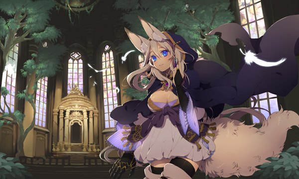 Anime picture 1100x660 with original pixiv fantasia ni02 (asahi nini) single long hair looking at viewer blue eyes wide image animal ears white hair tail animal tail girl thighhighs dress black thighhighs plant (plants) tree (trees) window hood
