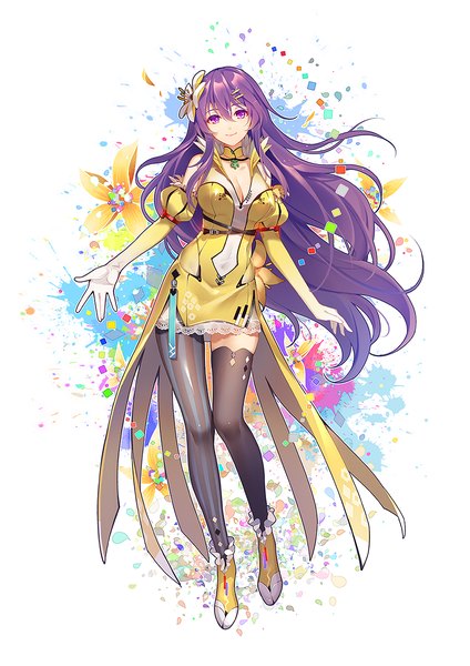 Anime picture 848x1200 with vocaloid vocaloid china mo qingxian tidsean single long hair tall image looking at viewer fringe breasts smile hair between eyes standing white background purple eyes twintails bare shoulders payot cleavage purple hair