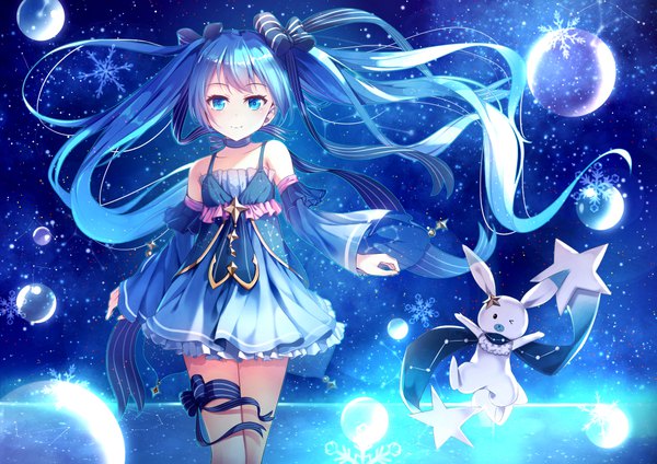 Anime picture 1023x724 with vocaloid star night snow (vocaloid) hatsune miku yuki miku yuki miku (2017) yan (nicknikg) single long hair blue eyes twintails bare shoulders blue hair very long hair girl dress bow hair bow detached sleeves star (symbol) snowflake (snowflakes)