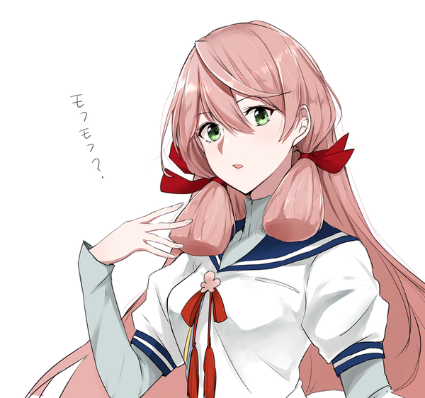 Anime picture 800x750 with kantai collection akashi repair ship morinaga (harumori) single long hair looking at viewer fringe simple background hair between eyes white background green eyes pink hair upper body text question girl uniform ribbon (ribbons) hair ribbon serafuku